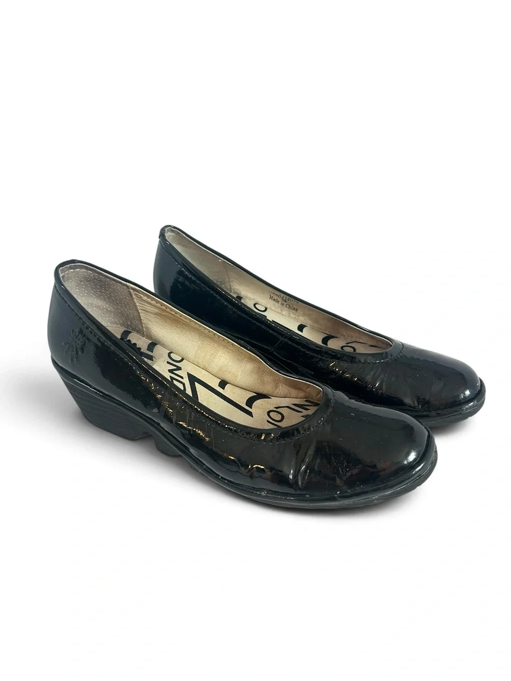 FLY London Yoni Wedge Pump  Black Patent Leather Slip in Size 38 US 7.5-8